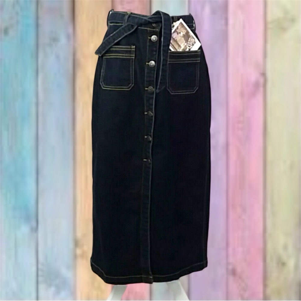 Cello Jeans Blue Tie Belt Button Down Denim Midi Jean Skirt NWT